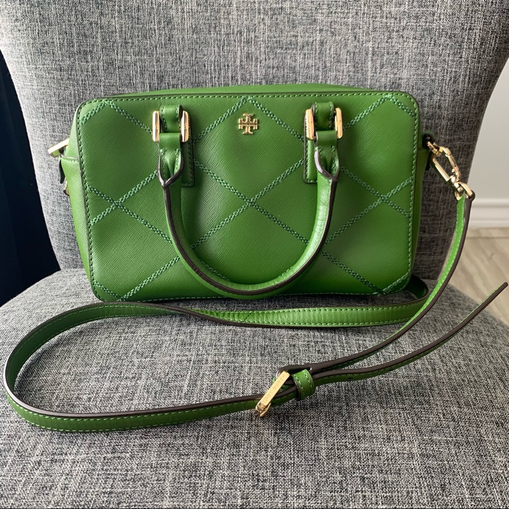 Tory Burch Green Quilted Leather Crossbody Bag with Gold Hardware